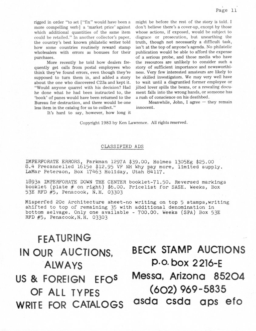 stamp errors, stamp errors, EFO, Parkman, Scott 1297, Holmes, Scott 1305, precancelled, Scott 1615, Peterson, Weeks, Architecture sheet, Beck Stamp Auctions, 