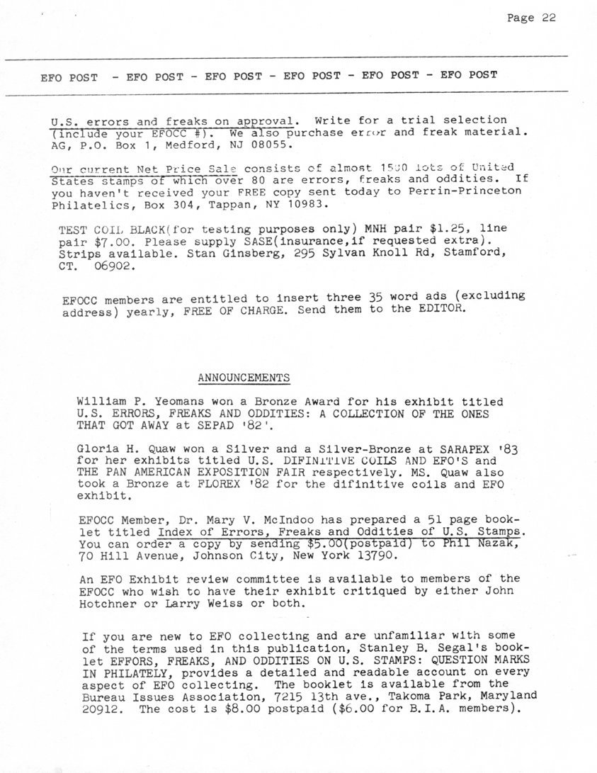 stamp errors, stamp errors, EFO, EFO Post, AG, Perrin-Princeton Philatelics, test coil black, for testing purposes only, Ginsberg, Yeomans, U.S. Errors, Freaks and Oddities: A Collection of the Ones That Got Away, SEPAD, Quaw, SARAPEX, U.S. Definitive Coils and EFOs, FLOREX, McIndoo, Index od Errors, Freaks and Oddities of U.S. Stamps, Nazak, Bureau Issues Association