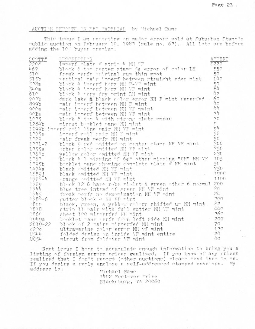 stamp errors, stamp errors, EFO, Bame, Auction Results on EFO Material, Suburban Stamp, Scott 220, Scott 467, Scott 510, Scott 515, Scott 538, Scott 540, Scott 610, Scott 703, Scott 899, Scott 900, Scott 901, Scott 1035, Scott 1284, Scott 1299, Scott 1305, Scott 1329, Scott 1331, Scott 1332, Scott 1355, Scott 1363, Scott 1395, Scott 1474, Scott 1689, Scott 1723, Scott 1724, Scott 1729, Scott 1744, Scott 1745, Scott 1723, Scott 1724, Scott 1729, Scott 1744, Scott 1745, Scott 1782, Scott 1786, Scott 1800, Scott 1818, Scott 1860, Scott 1949, Scott 2019, Scott 2022, Scott C23, Scott U544, Scott UC54