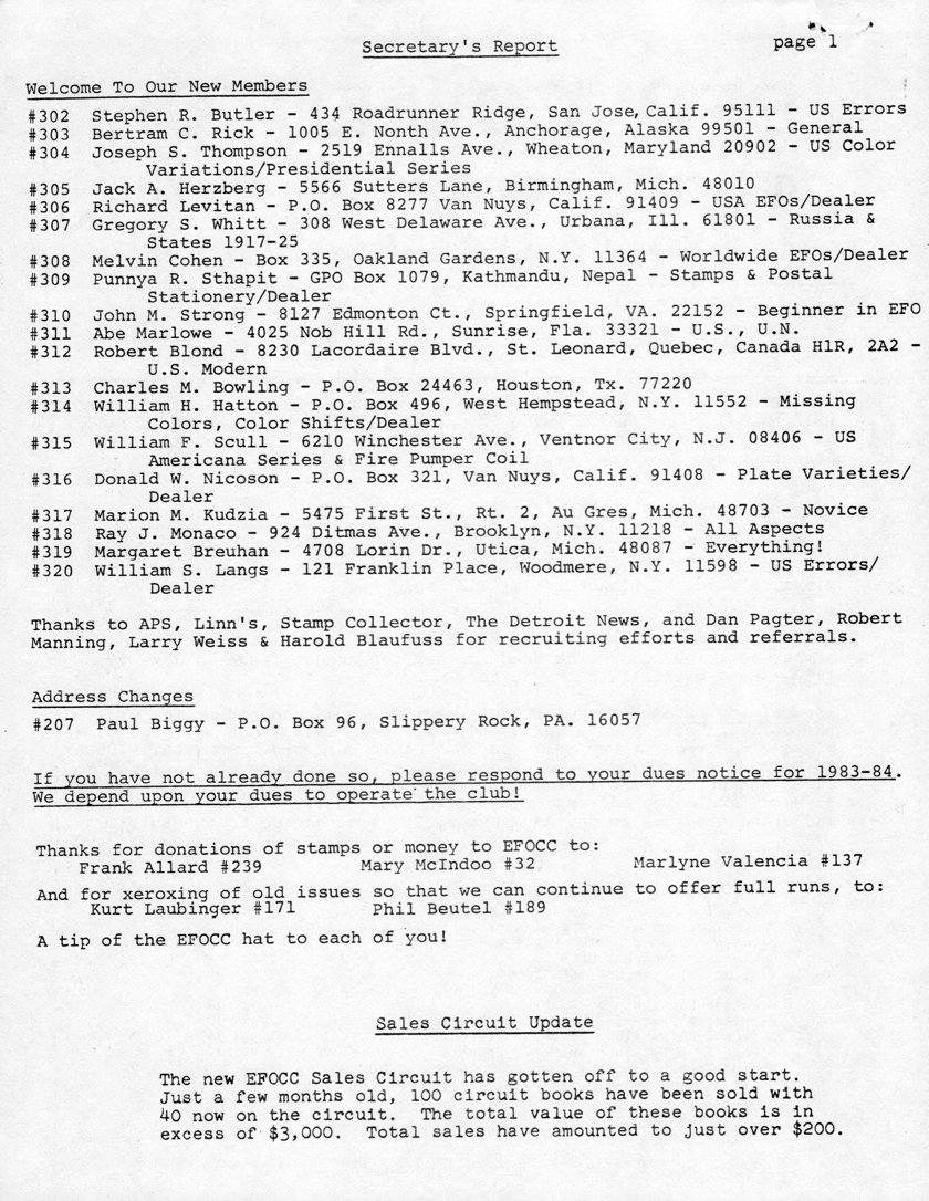 stamp errors, stamp errors, EFO, Secretary's Report, Hotchner, Butler, Rick, Thompson, Herzberg, Levitan, Whitt, Cohen, Sthapit, Strong, Marlowe, Blond, Bowling, Hatton, Scull, Nicoson, Kudzia, Monaco, Breuhan, Langs, Biggy, APS, Linn's, Stamp Collector, The Detroit News, Pagter, Manning, Weiss, Blaufuss, Allard, McIndoo, Valencia, Laubinger, Beutel, Sales Circuit Update