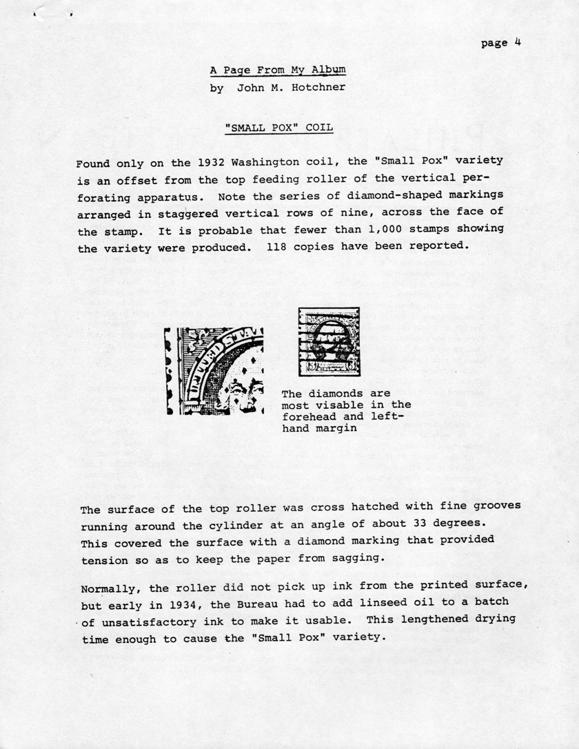 stamp errors, stamp errors, EFO, A Page From My Album, Hotchner, 1932 Washington coil, smallpox variety, linseed oil