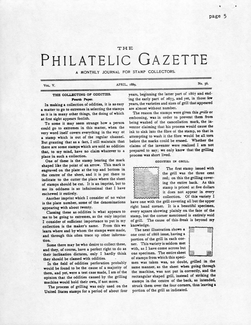 stamp errors, stamp errors, EFO, Philatelic Gazette, The Collecting of Oddities, April 1889, oddities in grill