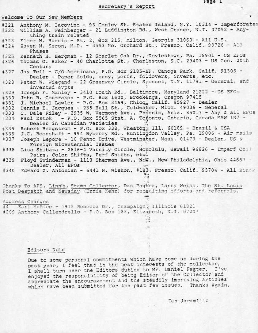 stamp errors, stamp errors, EFO, Secretary's Report, Hotchner, Iacovino, Weinberger, Hurdis, Seron, Bergman, Baker, Tell, Wiegand, Manley, Coutrakon, Lawler, Jacques, Riley, Estok, Bergstrom, Boonshaft, Lepore, Shibata, Swinderman, Antonian, Linn's, Stamp Collector, Pagter, Weiss, St. Louis Post Despatch, Newsday, Kehr, McAfee, Callendrello, Jaramillo