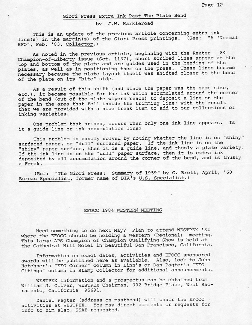 stamp errors, stamp errors, EFO, Harkleroad, Giori Press Extra Ink Past The Plate Bend, Reuter, Champion-of-Liberty issue, Scott 1137, Brett, The Giori Press: Summary of 1959, BIA, Bureau Issues Association, U.S. Specialist, WESTPEX 84, San Francisco, CA, Cathedral Hill Hotel, Oliver, Pagter