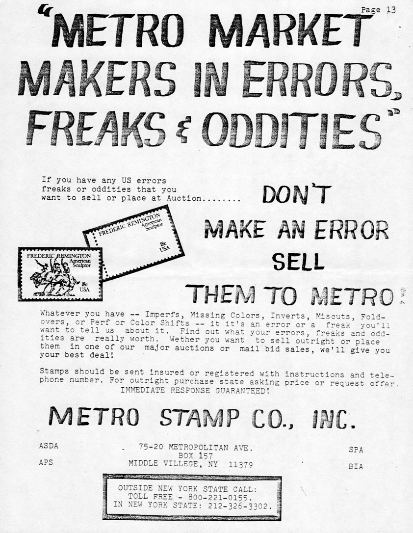 stamp errors, stamp errors, EFO, Metro Stamp Co., Inc., Middle Vilage, NY, Middle Villege, NY