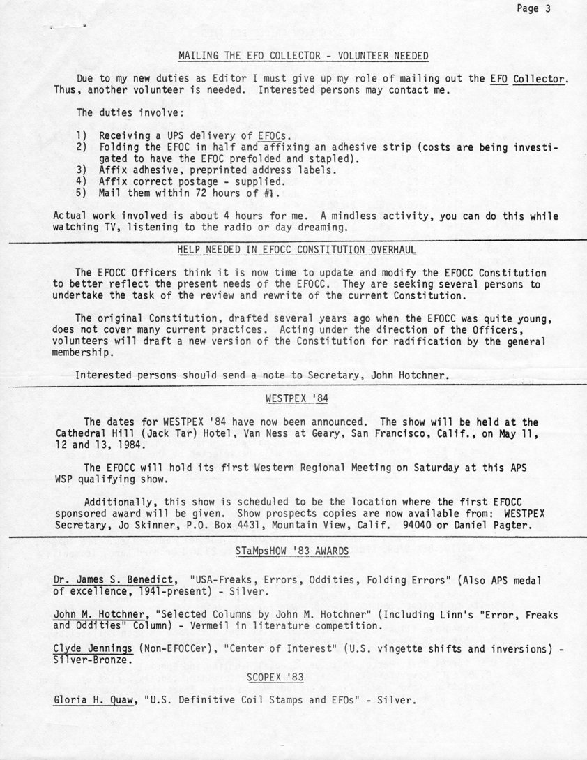 stamp errors, stamp errors, EFO, Hotchner, Constitution Overhaul, Wespex '84, STaMpsSHOW '83 Awards, Benedict, Jennings, SCOPEX '83, Quaw