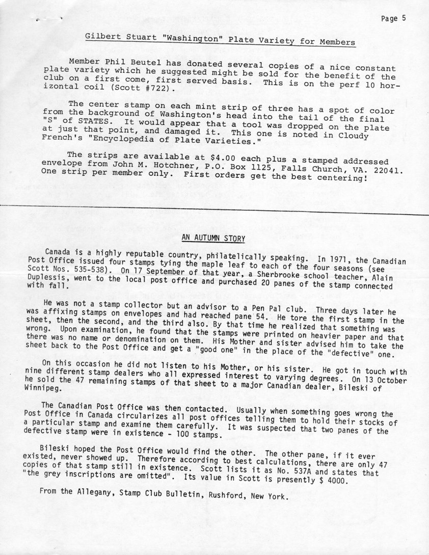 stamp errors, stamp errors, EFO, Gilbert Stuart, Washington, French, Encyclopedia of Plate Varieties, Scott 722, Hotchner, An Autumn Story, Scott 535, Scott 538, Canada, Duplessis, Bileski, Winnipeg, Allegany Stamp Slub Bulletin, Rushford, NY