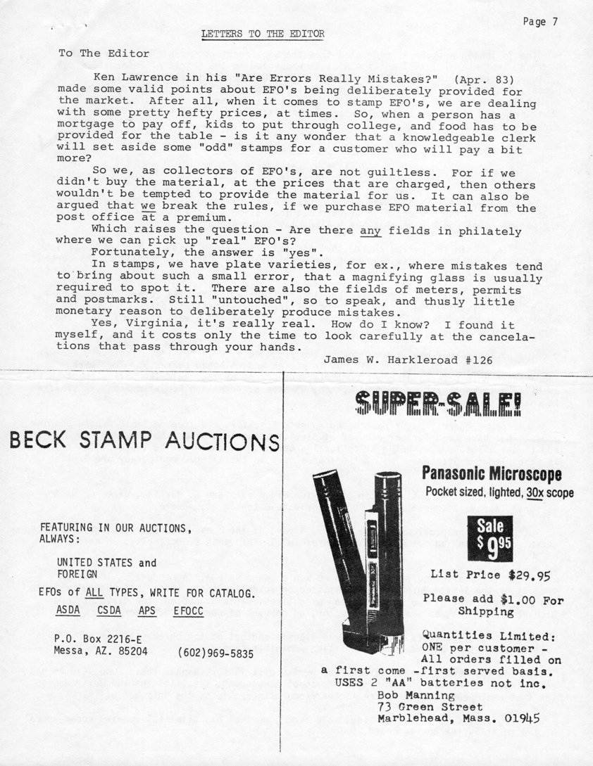 stamp errors, stamp errors, EFO, Letters to the Editor, Hakleroad, Are Errors Really Mistakes, Beck Stamp Auctions, Manning