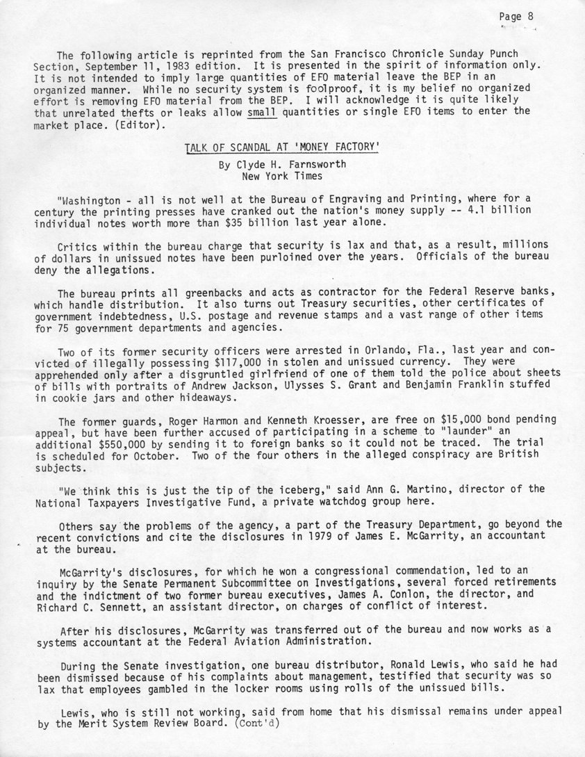 stamp errors, stamp errors, EFO, San Francisco Chronicle Sunday Punch Section, 1983, BEP, Bureau of Engraving and Printing, Talk of Scandal at Money Factory, Federal Reserve banks, Orlando, FL, Jackson, Grant, Franklin, Harmon, Kroesser, Martino, National Taxpayers Investigative Fund, 1979, McGarrity, Senate Permanent Subcommittee on Investigations, Federal Aviation Administration, Lewis, Merit System Review Board
