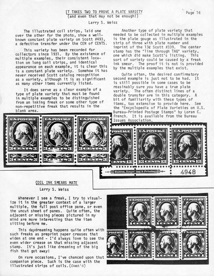 stamp errors, stamp errors, EFO, It Takes Two To Prove A Plate Variety and Even That May Not Be Enough, Weiss, , Scott 493, Scott 339, line through TAG, defective Transfer under the CEN of CENTS, Encyclopedia of Plate Varieties on U.S. Bureau-Printed Postage Stamps, French, Bureau Issues Association, Coil Ink Smears Mate, Weiss