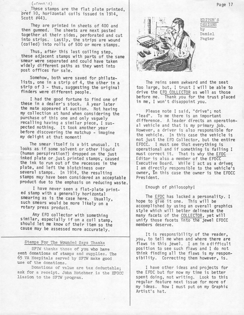 stamp errors, stamp errors, EFO, flat plate printed, horizontal coils, 1914, smear, solvent, human perspiration, Editor's Designs, Pagter