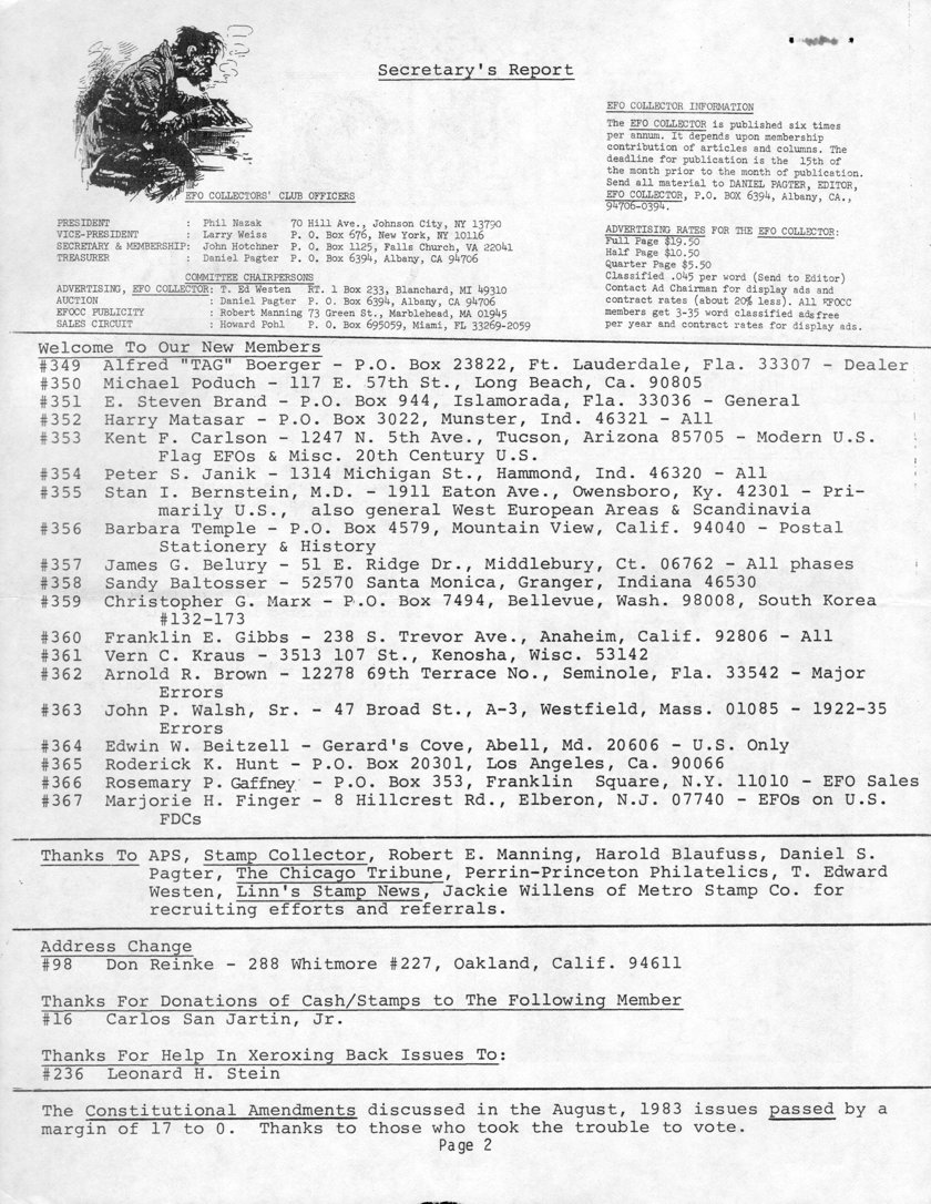 stamp errors, stamp errors, EFO, Secretary's Report, Hotchner, Nazak, Weiss, Manning, Westen, Pagter, Pohl, Boerger, Poduch, Brand, Matasar, Carlson, Janik, Bernstein, Temple, Belury, Baltosser, Marx, Gibbs, Kraus, Brown, Walsh, Beitzell, Hunt, Gaffney, Finger, Stamp Collector, APS, Blaufuss, The Chicago Tribune, Perrin-Princeton Philatelics, Linn's Stamp News, Willens, Metro Stamp Co., Reinke, San Martin, Stein, constitutional amendment