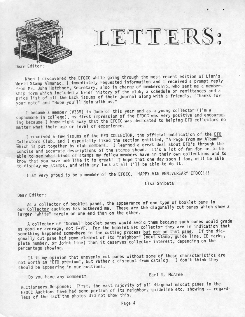 stamp errors, stamp errors, EFO, Shibata, EFOCC, Linn's World Stamp Almanac, Hotchner, McAfee, booklet panes, diagonally cut panes which show a larger white margin on one end than on the other