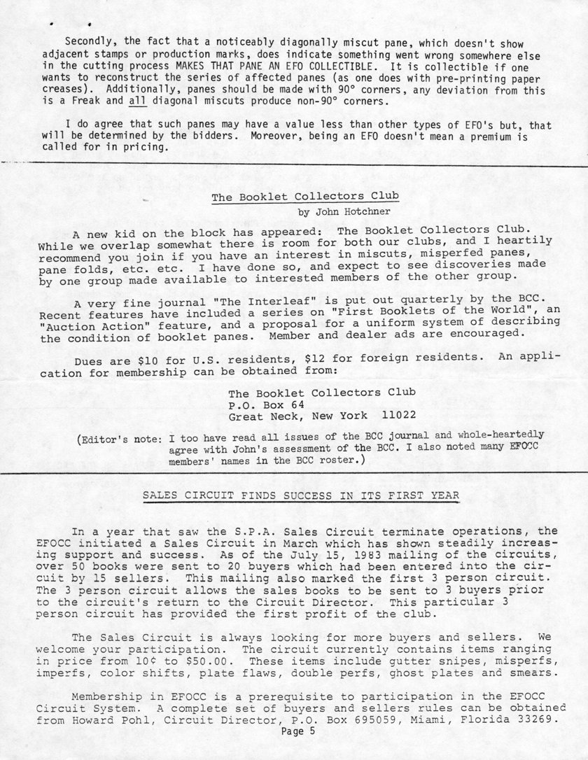 stamp errors, stamp errors, EFO, Hotchner, The Booklet Collectors Club, Great Neck, NY, Sales Circuit Finds Success in Its First Year, S.P.A., Pohl, Miami, FL