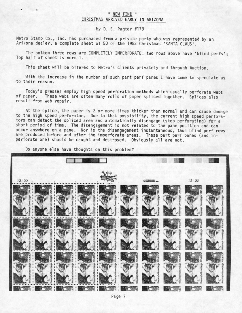 stamp errors, stamp errors, EFO, Pagter, Christmas Arrived Early in Arizona, Metro STamp Co., Inc., the bottom three rows are COMPLETELY IMPERFORATE, two rows above have blind perfs, spliced together