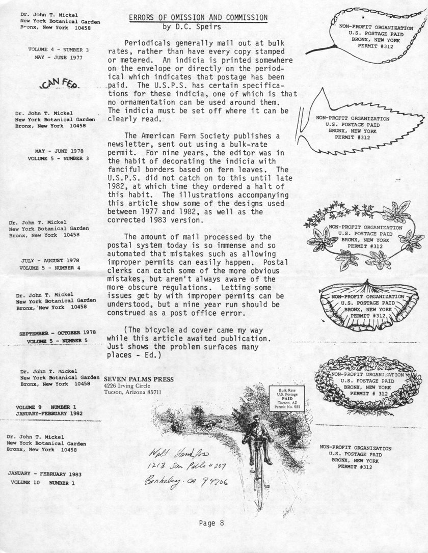 stamp errors, stamp errors, EFO, Speirs, Erros of Omission and Commission, indicia, American Fern Society, fanciful borders, bicycle ad cover