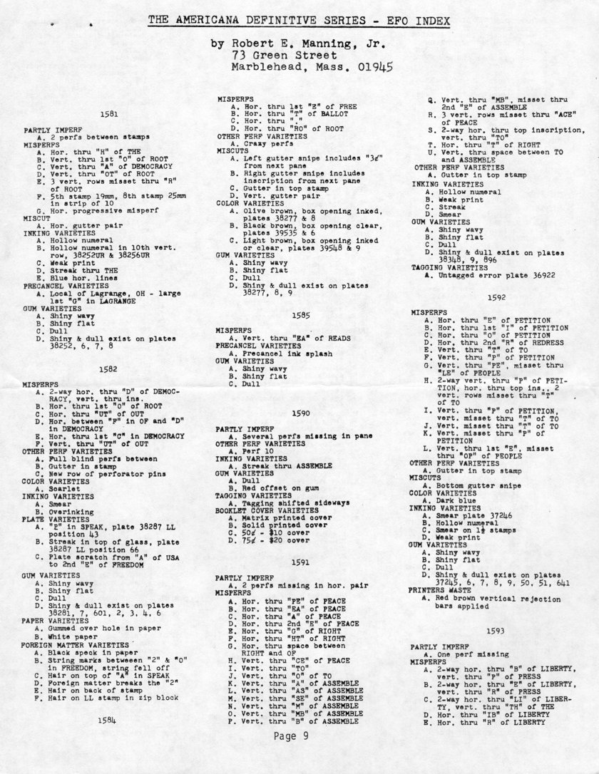 stamp errors, stamp errors, EFO, Manning, The Americana Definitive Series - EFO Index, Scott 1581, Scott 1582, Scott 1585, Scott 1590, Scott 1591, Scott 1592, Scott 1593
