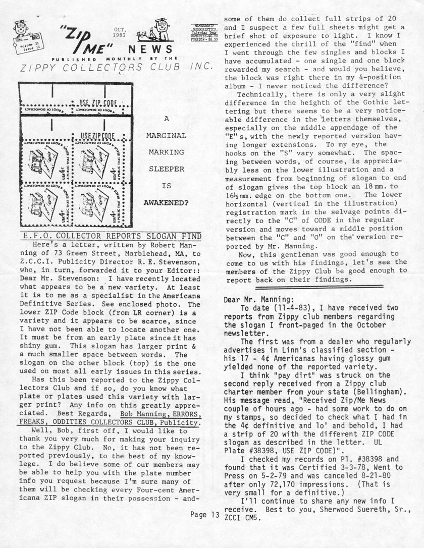 stamp errors, stamp errors, EFO, ZIPME News, Zippy Collectors Club Inc., A Marginal Marking Sleeper is Awakened, Manning, Marblehead, MA, Z.C.C.I., Stevenson, Americana Definitives, ZIP code block, shiny gum, larger print & a much smaller space between words