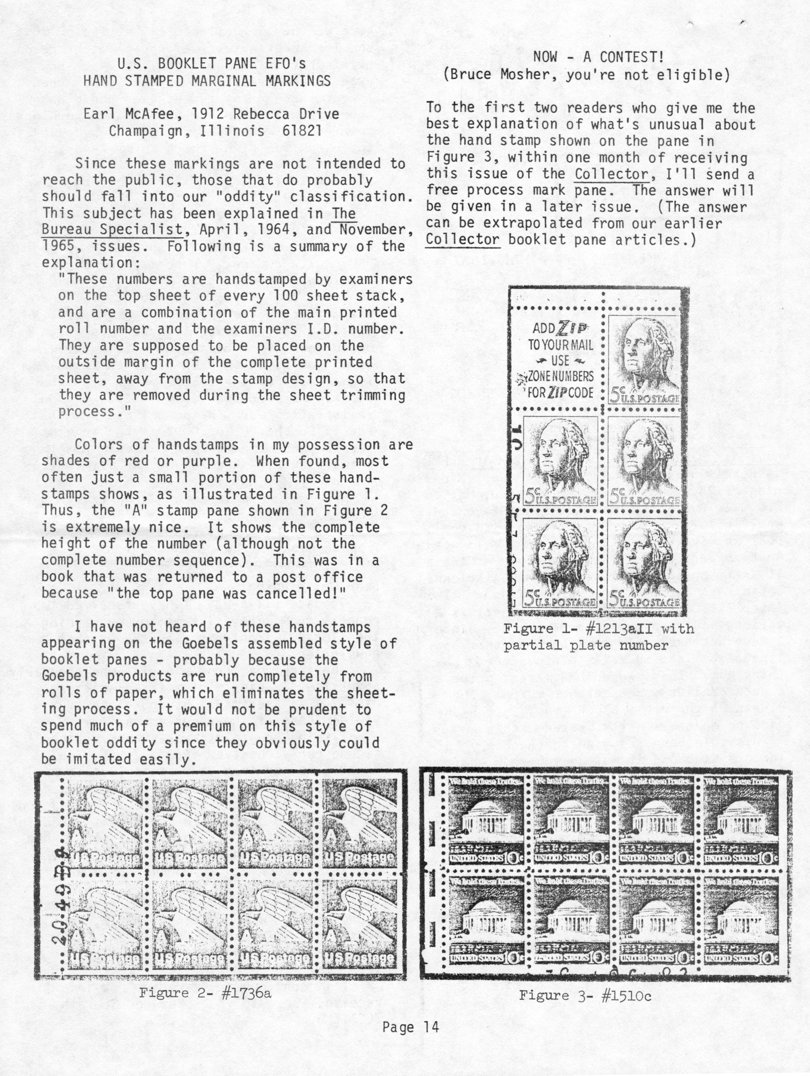 stamp errors, stamp errors, EFO, U.S. Booklet Pane EFOs Hand Stamped Marginal Markings, McAfee, The Bureau Specialist, Goebels, Mosher, Scott 1213, Scott 1736, Scott 1510