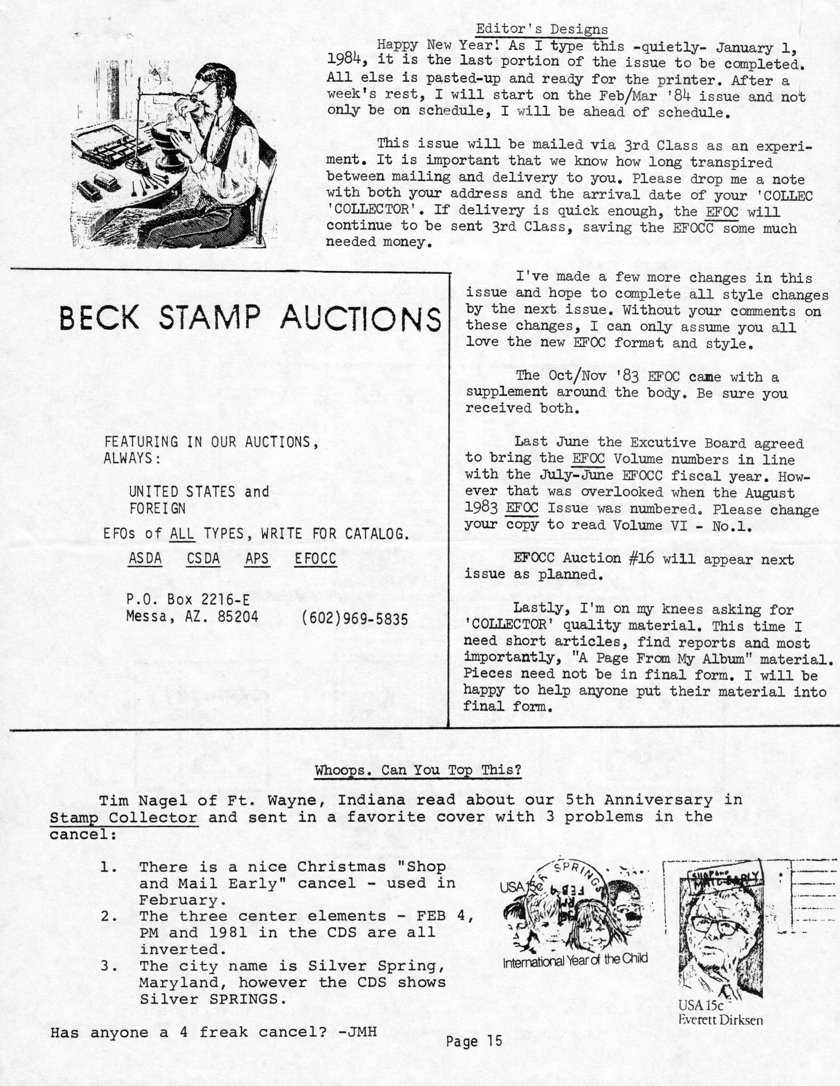 stamp errors, stamp errors, EFO, Beck Stamp Auctions, Editor's Designs, Whoops. Can You Top This, Nagel, Ft. Wayne, IN, Stamp Collector, Shop and Mail Early, inverted, Silver Spring, MD, Silver Springs