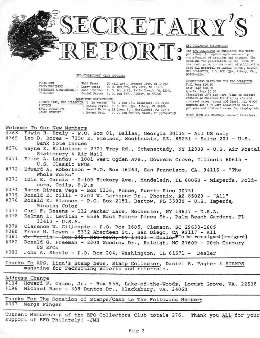 stamp errors, stamp errors, EFO, Secretary's Report, Hotchner, Nazak, Weiss, Manning, Westen, Pagter, Pohl, Braly, Bores, Hillelson, Landau, Robertson, Garcia, Vega, Zilli, Slauson, Desens, Levitan, Gillespie, Lowen, Freeman, Steele, APS, Linns Stamp News, Stamp Collector, Stamps Magazine, Gates, Bame, Finger