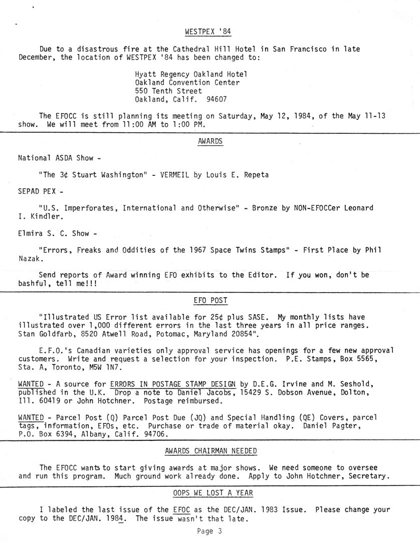 stamp errors, stamp errors, EFO, Cathedral Hill Hotel, San Francisco, CA, Hyatt Regency Oakland Hotel, Westpex 84, Repeta, National ASDA Show, Kindler, SEPAD PEX, Elmira SC Show, Nazak, EFO Post, Goldfarb, P.E Stamps, Toronto, Errors in Postage Stamp Design, D.E.G Irvine and M. Seshold, Jacobs, DOlton, IL, Hotchner