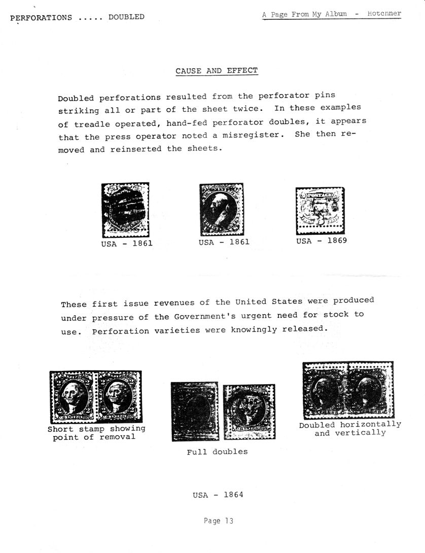 stamp errors, stamp errors, EFO, A Page From My Album, Hotchner, doubled perforations, cause and effect, doubled horizontally and vertically, 1861, 1869, short stamp showing point of removal, full doubles