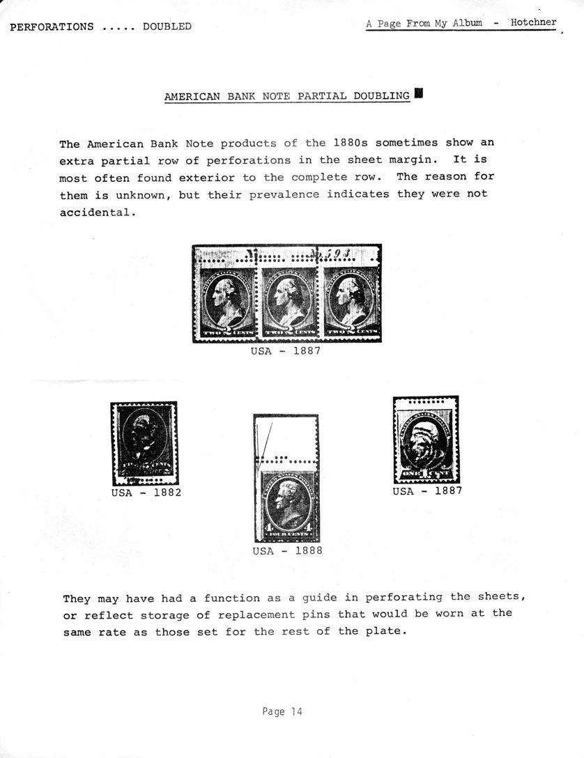 stamp errors, stamp errors, EFO, A Page From My Album, Hotchner, Doubled Perforations, American Bank Note Partial Doubling, 1887, 1888, 1882