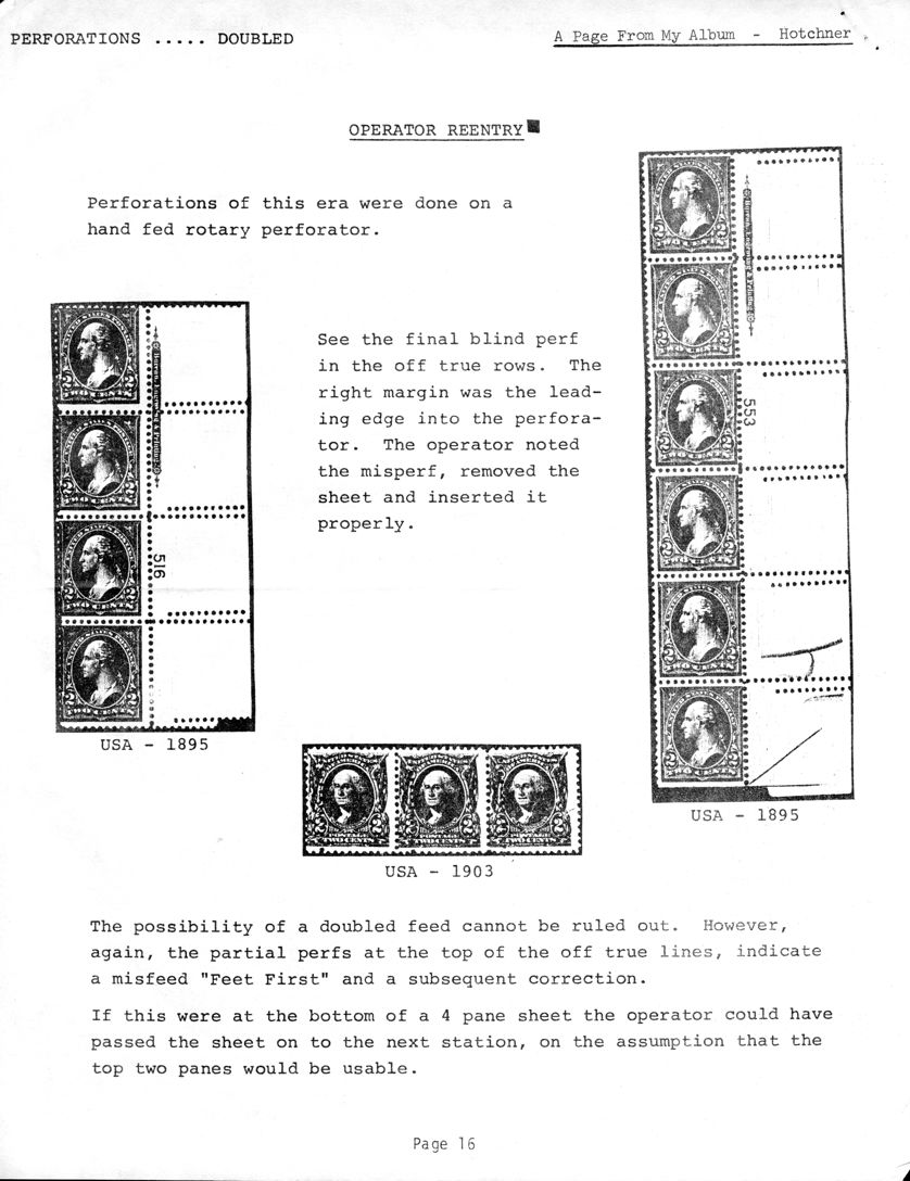 stamp errors, stamp errors, EFO, A Page From My Album, Hotchner, Doubled Perforations, Operator Reentry, 1895, 1903, hand fed rotary perforator, blind perf