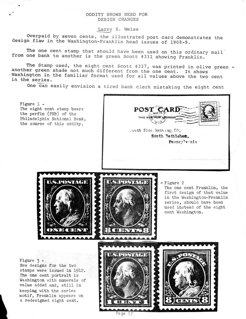 stamp errors, stamp errors, EFO, Weiss, Oddity Shows Need for Design Changes, 1908-09, Scott 331, Franklin, Scott 337, perfin PNB, Philadelphia National Bank, 1912