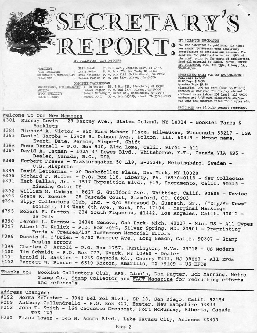 stamp errors, stamp errors, EFO, Secretary's Report, Hotchner, Nazak, Weiss, Manning, Westen, Pagter, Pohl, Levin, Victor, Jacobs, Darnell, Oatman, Freese, Letterman, Miller, Dallas, Cadman, Benoit, Zippy Collectors Club, Inc., Suereth, utton, Karnow, Kulick, O'Brien, Arnold, Schmidt, Baskies, Pierce, Booklet Collectors Club, APS, Linn's, Metro Stamp Co., Stamp Collector, FACT Magazine, McCumber, Callendrello, Smith, Lowen
