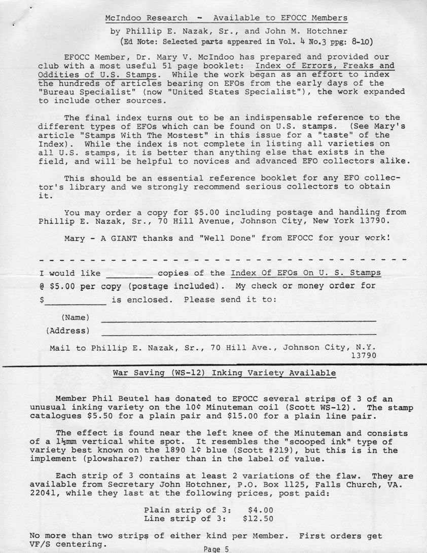 stamp errors, stamp errors, EFO, McIndoo Research, Index of Errors, Freaks and Oddities on U.S. Stamps, Bureau Specialist, United States Specialist, Nazak, War Savings Inking Variety, Scott WS-12, Beutel, Minuteman coil, scooped ink, 1890, Scott 219, Hotchner