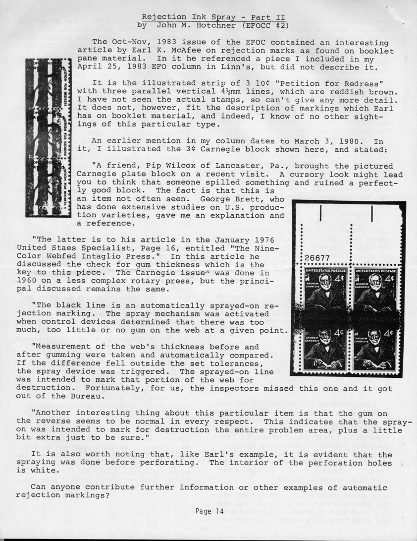 stamp errors, stamp errors, EFO, Rejection Ink Spray, Hotchner, McAfee, petition for redress, reddish brown parallel lines, Carnegie block, Wilcox, Lancaster, PA, Brett, The Nine-Color Webfed Intaglio Press, automatically sprayed-on