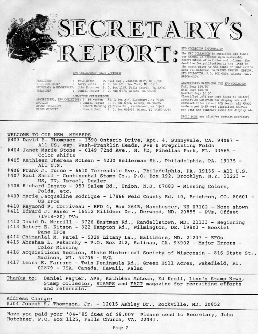 stamp errors, stamp errors, EFO, Secretary's Report, Hotchner, Nazak, Weiss, Manning, Westen, Pagter, Pohl, Thompson, Stone, McLean, Turco, Shmil, Ingato, Rodrique, Xorriveau, Raser, Merrill, Kitson, Patel, Pekarsky, State Historical Society of Wisconsin, Farrant, APS, Kroll, Linn's Stamp News, Stamp Collector, Stamps, FACT Magazine