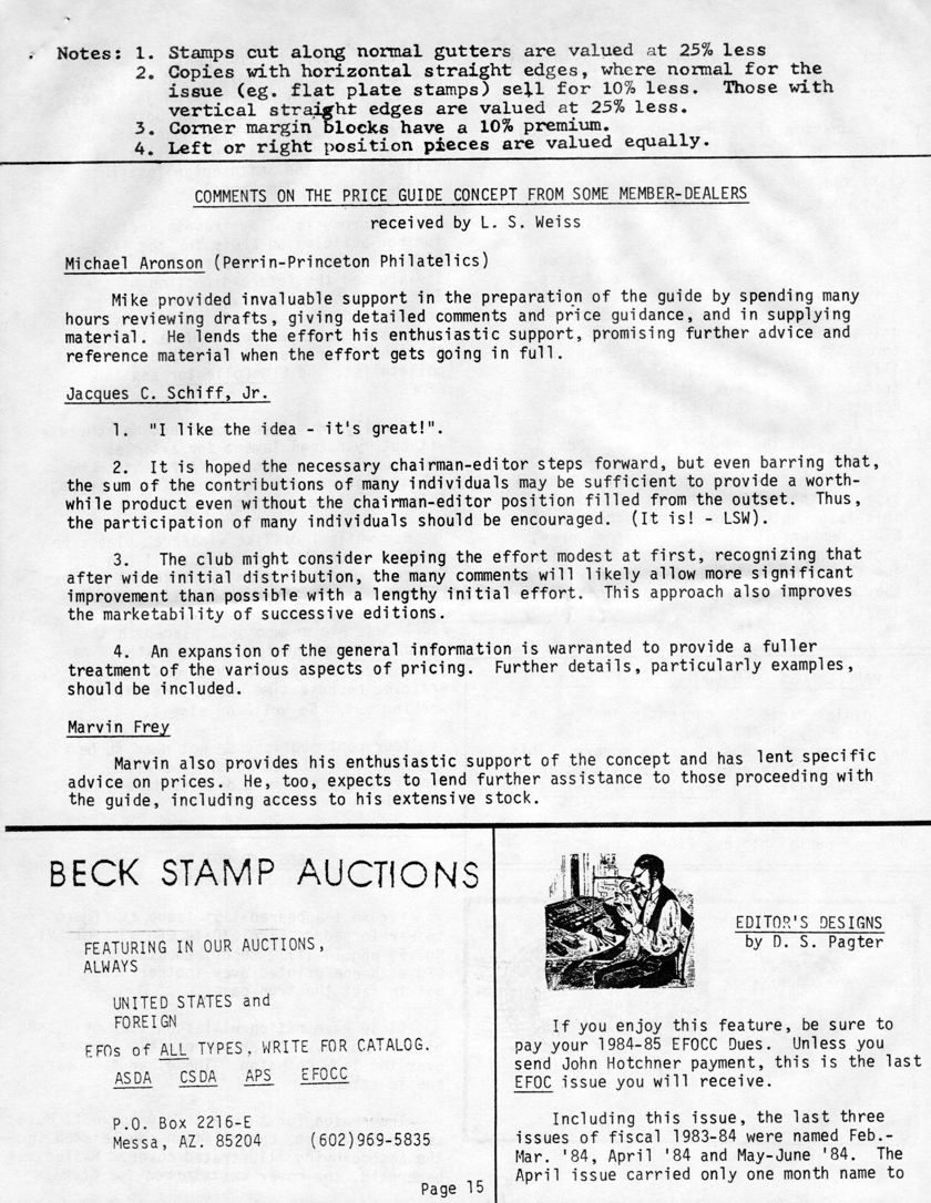 stamp errors, stamp errors, EFO, Weiss, Comments on the Price Guide Concept From Some Member-Dealers, Aronson, Perrin-Princeton Philatelics, Schiff, Frey, Beck Stamp Auctions, Editor's Designs, Pagter