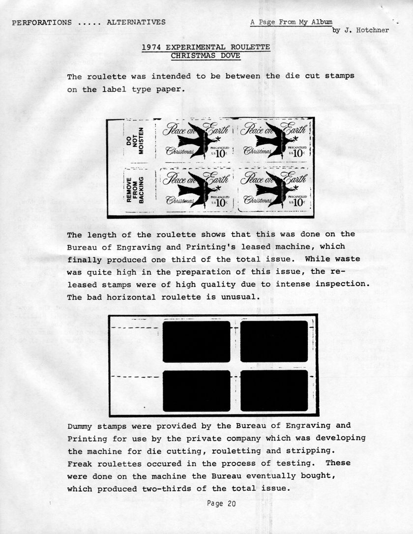 stamp errors, stamp errors, EFO, Hotchner, A Page From My Album - 1974 Experimental Roulette Christmas Dove, label type paper, dummy stamps