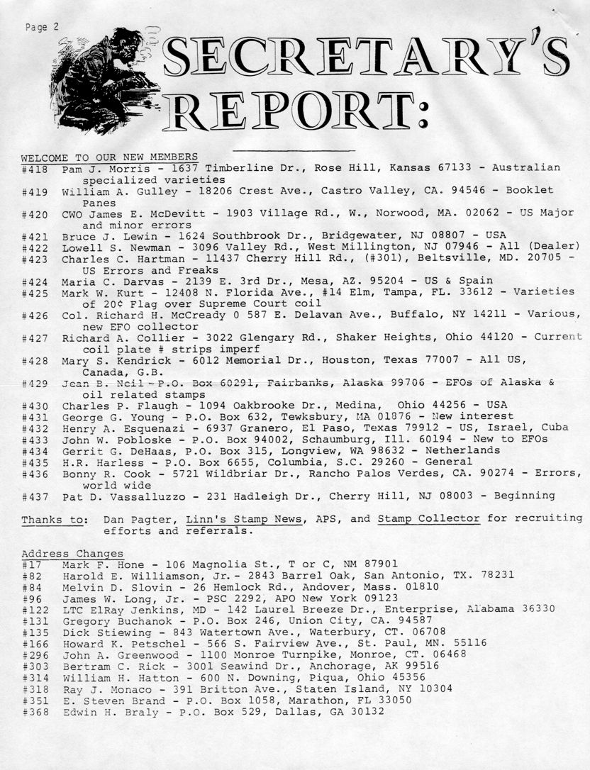 stamp errors, stamp errors, EFO, Secretary's Report, Hotchner, Morris, McDevitt, Lewin, Newman, Hartman, Darvas, Kurt, McCready, Collier, Kendrick, Neil, Flaugh, Young, Esquenazi, Pobloske, DeHaas, Harless, Cook, Vasaluzzo, Pagter, Linn's Stamp News, APS, Stamp Collector, Hone, Williamson, Slovin, Long, Jenkins, Buchanok, Stiewing, Petschel, Greenwood, Rick, Hatton, Monaco, Brand, Braly