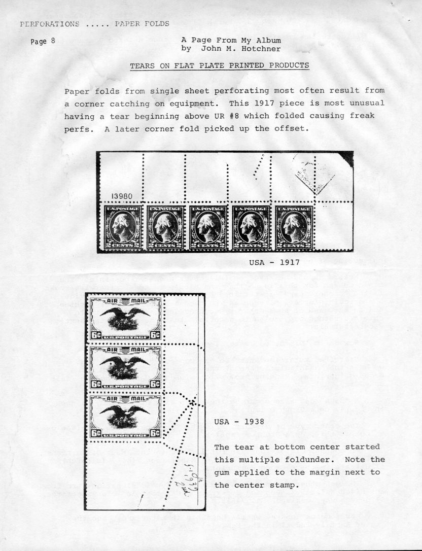 stamp errors, stamp errors, EFO, Hotchner, A Page From My Album - Tears on Flat Plate Printed Products, paper folds, 1917, freak perfs, 1938, multiple foldunder