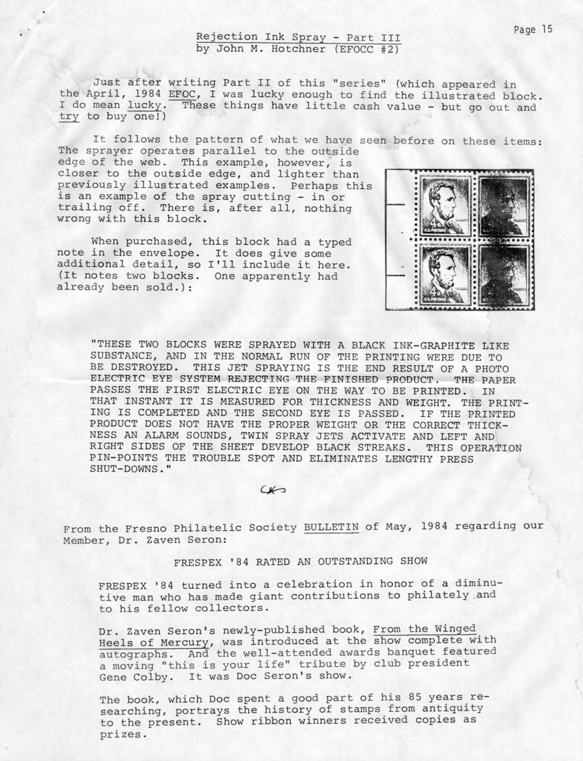stamp errors, stamp errors, EFO, Hotchner, Rejection Ink Spray, Part III, sprayer, black ink-graphite like substance, photo electric eye system rejecting the finished product, Fresno Philatelic Society Bulletin, 1984, Seron, Frespex 84, From the Winges Heels of Mercury, Colby