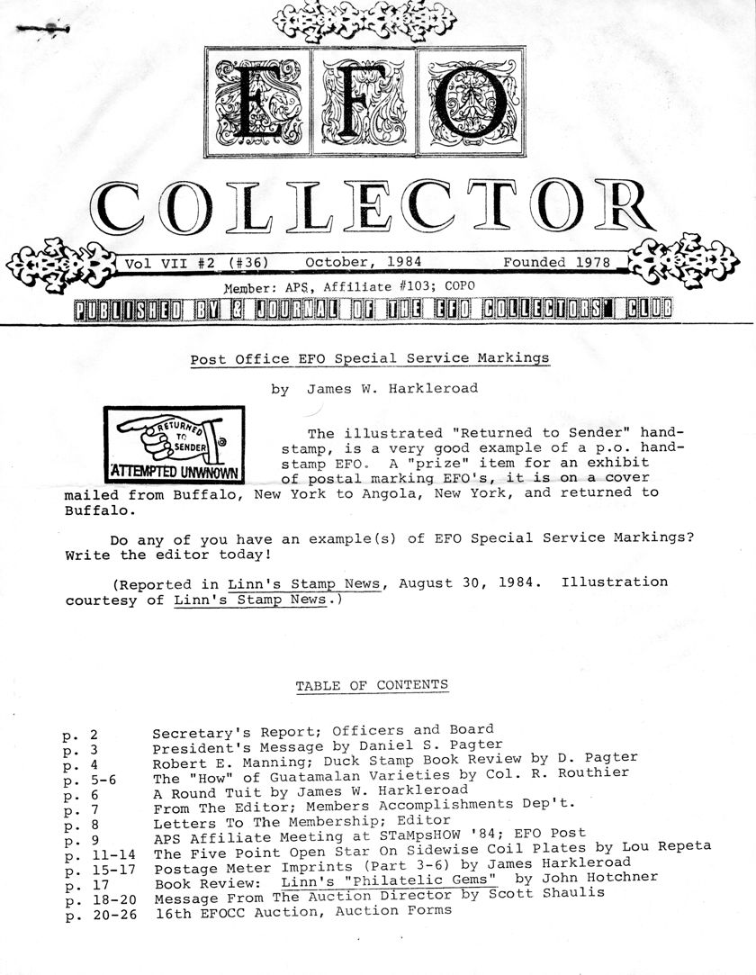 stamp errors, stamp errors, EFO, Harkleroad, Post Office EFO Special Service Markings, Returned to sender handstamp, attempted unknown unwnown, Buffalo, NY, Angola, NY, Linn's Stamp News