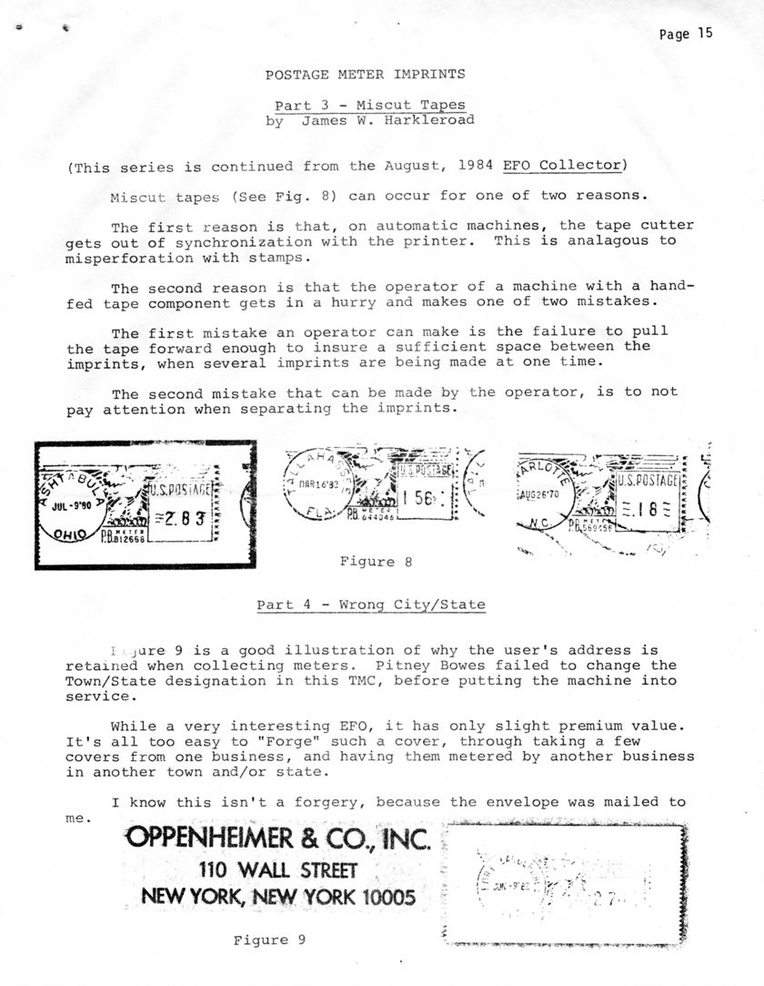 stamp errors, stamp errors, EFO, Harkleroad, Postage Meter Imprints - Part 3 - Miscut Tapes, Part 4 - Wrong City State