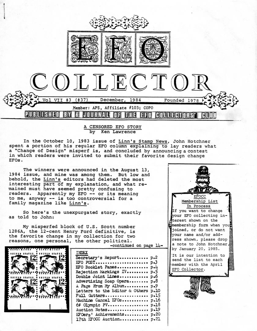 stamp errors, stamp errors, EFO, Lawrence, A Censored EFO Story, Hotchner, Linn's Stamp News