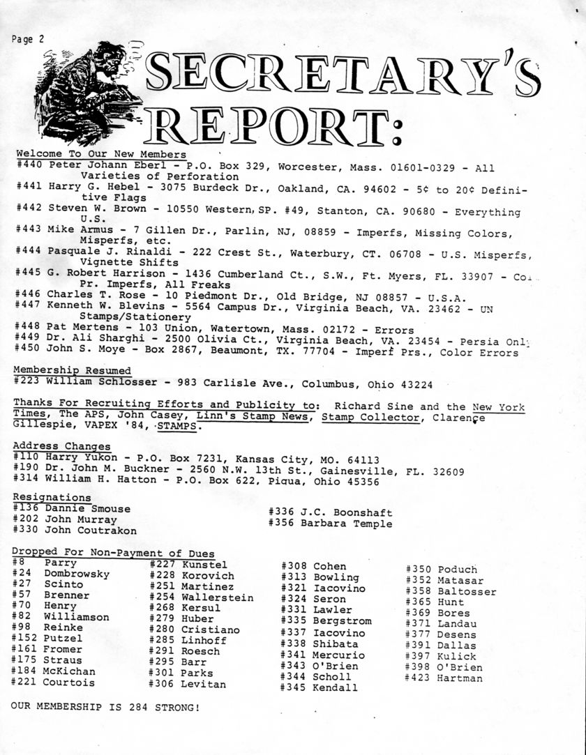 stamp errors, stamp errors, EFO, Secretary's Report, Hotchner, Eberl, Hebel, Brown, Armus, Rinaldi, Harrison, Rose, Rose, Blevins, Mertens, Sharghi, Moye, Schlosser, Sine, The New York Times, APS, Casey, Linn's Stamp News, Stamp Collector, Gillespie, VAPEX 84, Stamps, Yukon, Buckner, Hatton, Smouse, Murray, Coutrakon, Boonshaft, Temple, Parry, Dombrowsky, Scinto, Brenner, Henry, Williamson, Reinke, Putzel, Fromer, Straus, McKichan, Courtois, Kunstel, Korovich, Martinez, Wallerstein, Kersul, Huber, Cristiano, Linhoff, Roesch, Barr, Parks, Levitan, Cohen, Bowling, Iacovino, Seron, Lawler, Bergstrom, Shibata, Mercurio, O'Brien, Scholl, Kendall, Poduch, Matasar, Baltosser, Hunt, Bores, Landau, Desens, Dallas, Kulick, O'Brien, Hartman