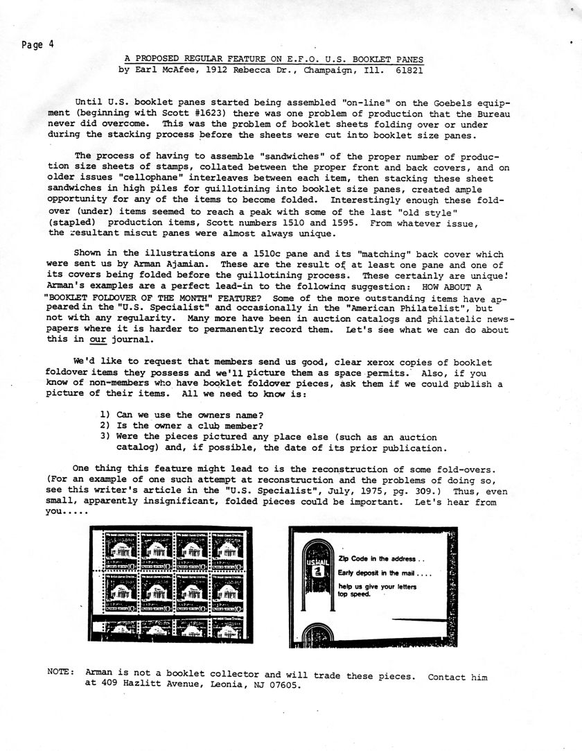 stamp errors, stamp errors, EFO, A Proposed Regular Feature on E.F.O. U.S. Booklet Panes, McAfee, Goebels equipment, Scott 1623, cellophane interleaves, Scott 1510, Scott 1595, Scott 1510, Ajamian, Booklet Foldover of the Month, U.S. Specialist, American Philatelist
