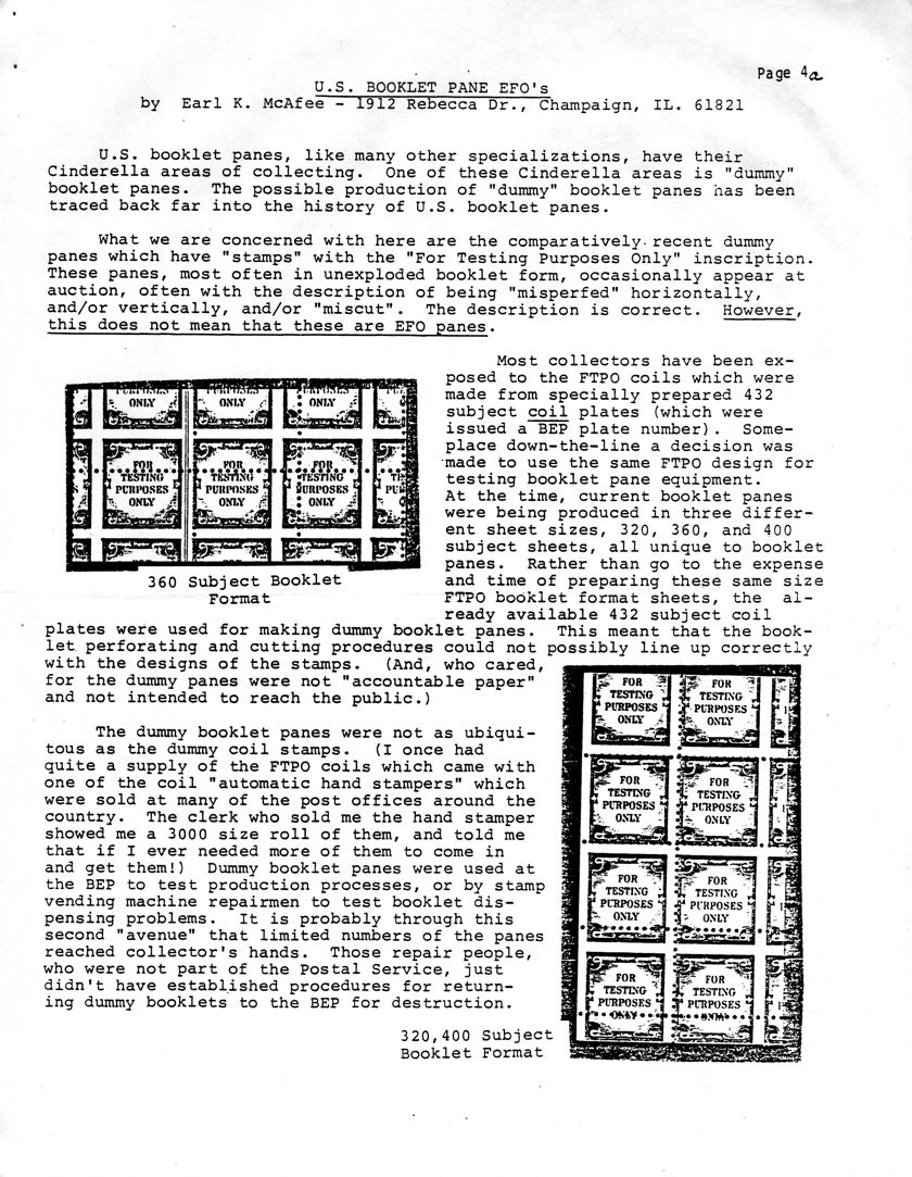 stamp errors, stamp errors, EFO, U.S. Booklet Pane EFOs, dummy booklet panes, For Testing Purposes Only, FTPO coils