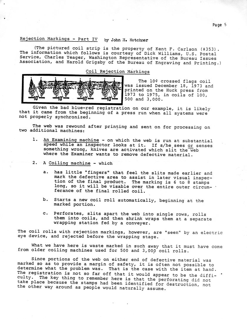 stamp errors, stamp errors, EFO, Coil Rejection Markings, Hotchner, Carlson, Williams, U.S. Bureau Postal Service, Yeager, Bureau Issues Association, Grigsby, Bureau of Engravings and Printing, crossed flags coil, Huck Press, Examining Machine, Coiling Machine