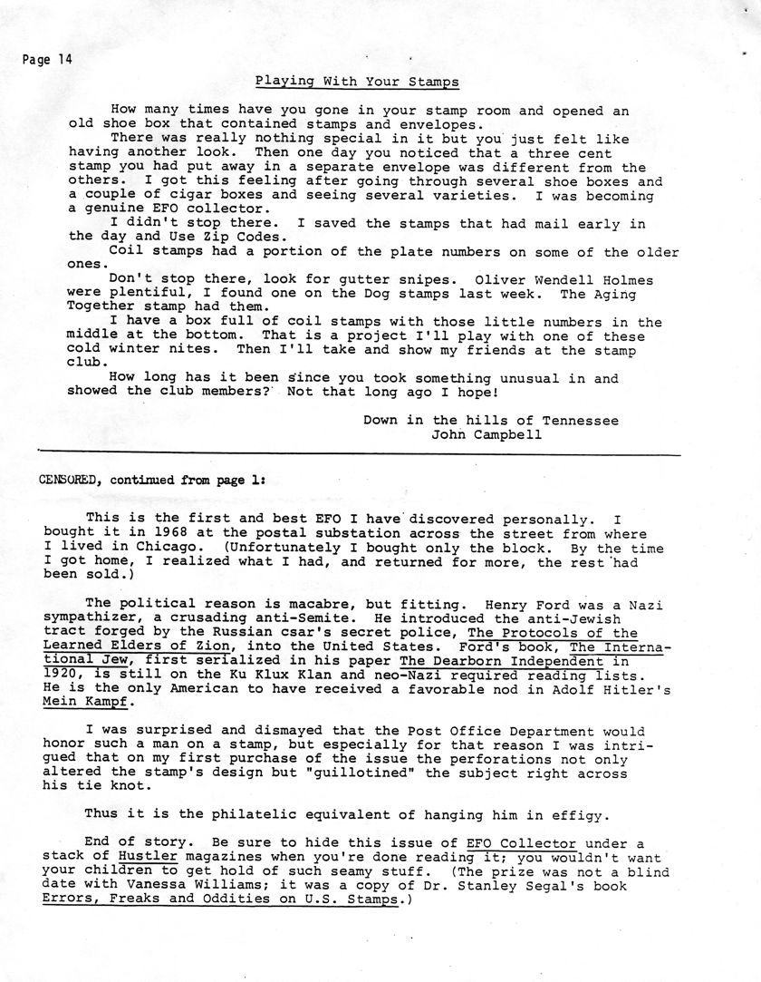 stamp errors, stamp errors, EFO, Playing With Your Stamps, Campbell, Ford, The Protocols of the Learned Elders of Zion, The International Jew, The Dearborn Independent, Ku Klux Klan, Hitler, Mein Kampf, Hustler, Williams, Segal, Error, Freaks and Oddities on U.S. Stamps