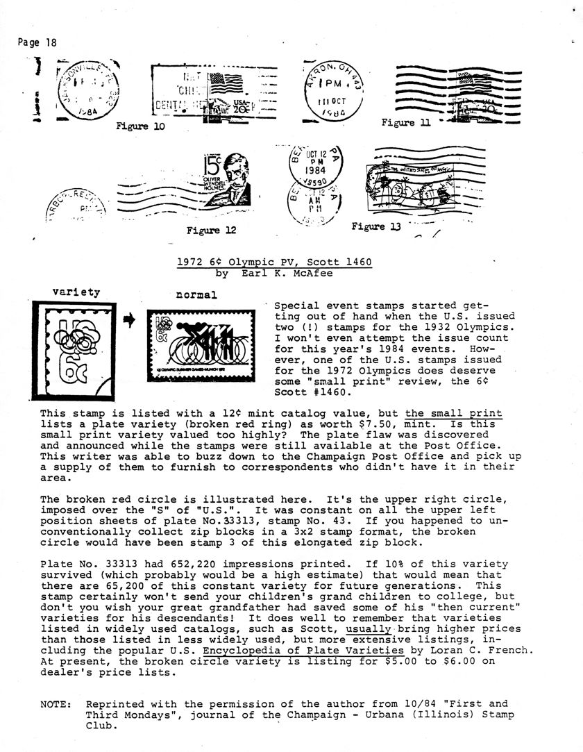 stamp errors, stamp errors, EFO, McAfee, 1972 6cent Olympic PV, Scott 1460, broken red ring, French, Encyclopedia of Plate Varieties, Champaign - Urbana (Illinois) Stamps Club