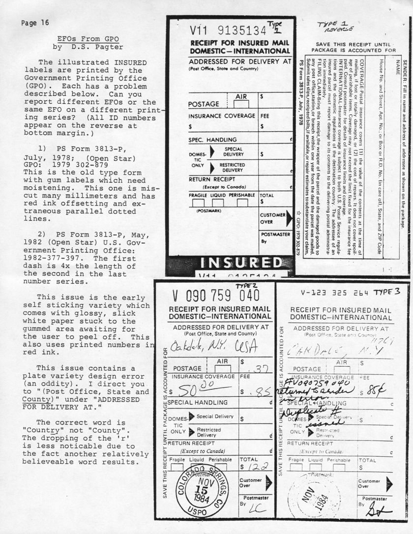stamp errors, stamp errors, EFO, EDOs From GPO, Pagter, insured labels, PS Form 3813-P, July, 1978, GPO: 1979 302-879, PS Form 3813-P, May 1982, 1982-377-397