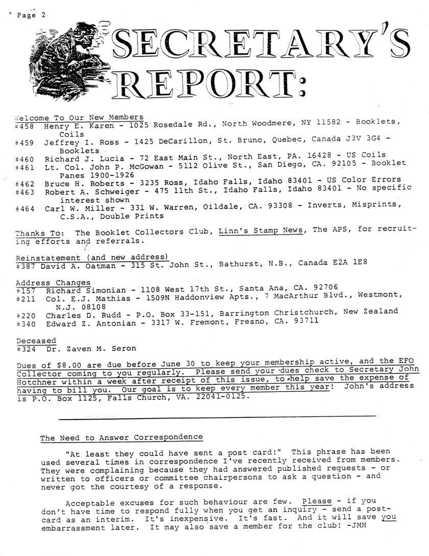 stamp errors, stamp errors, EFO, Secretary's Report, Hotchner, Karen, Ross, Lucia, McGovan, Roberts, Schweiger, Miller, Booklet Collectors Club, Linn's Stammp News, APS, Oatman, Simonian, Mathias, Rudd, Antonian, Seron